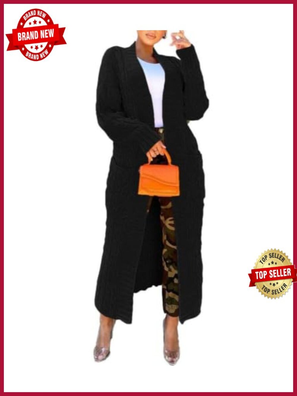 Long Open Front Cable Knit Cardigan Sweater Coat with Pockets